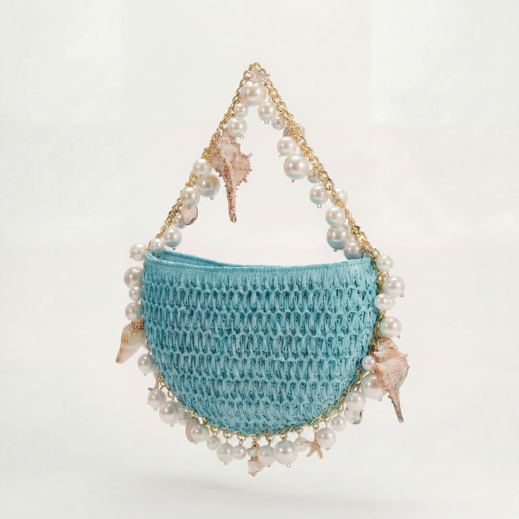 Mini Raffia Shell Bag - Riviera Blëu